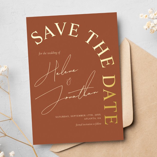 Stilvolle Elegante Terracotta Wedding Retten Sie d Folieneinladung (Stylish Elegant Terracotta Wedding Save The Date Foil Invitation)