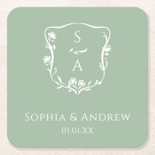 Stilvolle Eukalyptus Monogram Rose Wappen Wedding Rechteckiger Pappuntersetzer