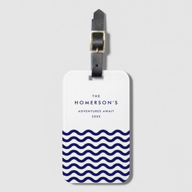 Stilvolle Familienurlaube Navy Blue Tropical Waves Gepäckanhänger (Vorderseite Vertikal)