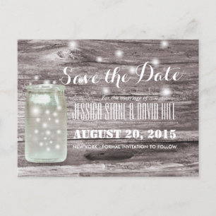 Stilvolle Fireflies Mason Jar Wood Save the Date Ankündigungspostkarte