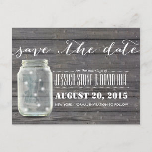 Stilvolle Fireflies & Mason Jar Wood Save the Date Ankündigungspostkarte