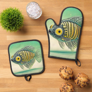 Stilvolle Fischkunst Ofenhandschuh & Topflappen-Set