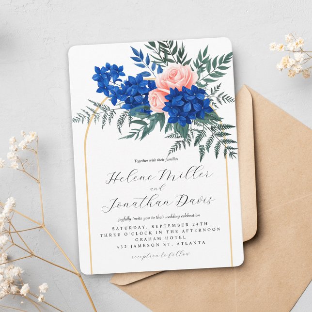Stilvolle florale Elegant Cobalt Blue Pink Wedding Einladung (Stylish Floral Elegant Cobalt Blue Pink Wedding Invitation)