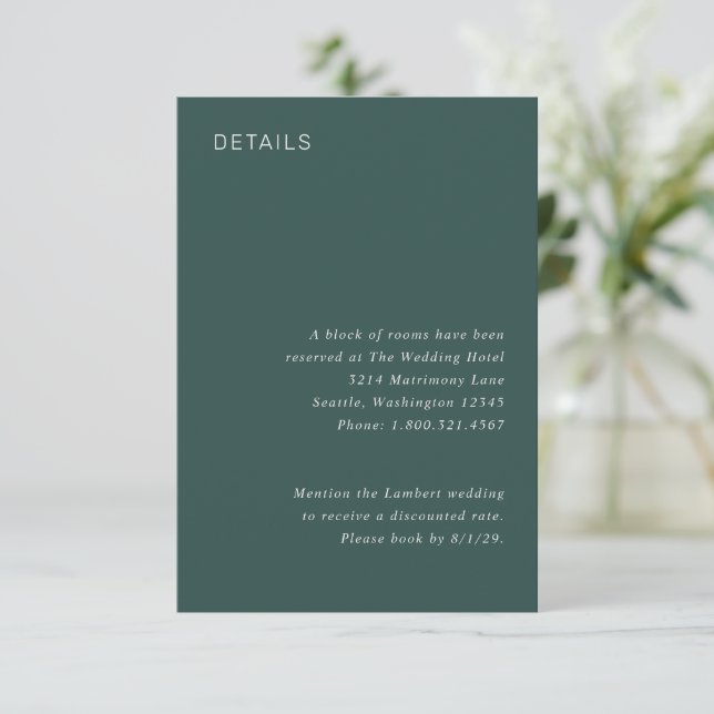 Stilvolle Forest Green Minimalistisch Wedding Begleitkarte (Stehend Vorderseite)