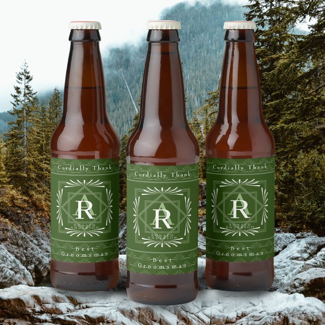 Stilvolle Frame Green Monogram Bierflaschenetikett (Modern stylish Monogram Design. )