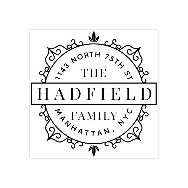 Stilvolle Frame & moderne Familienname-Rücksendead Gummistempel (Prägung)