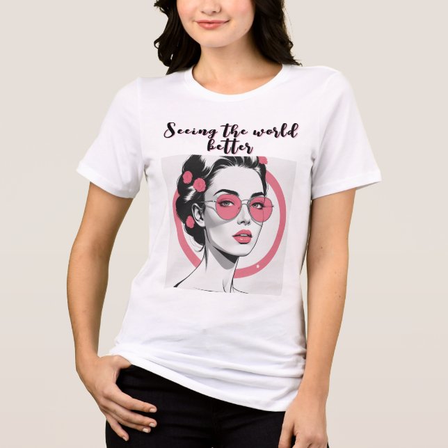 Stilvolle Frau mit rosa Brille Tri-Blend Shirt (Vorderseite)