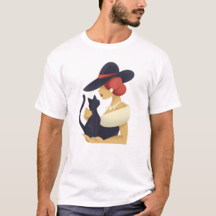 Stilvolle Frau mit schwarzer Katze T-Shirt