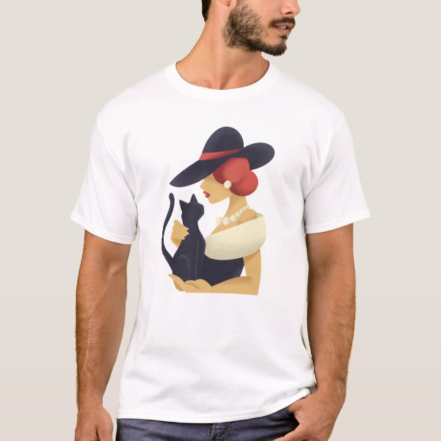 Stilvolle Frau mit schwarzer Katze T-Shirt (Vorderseite)