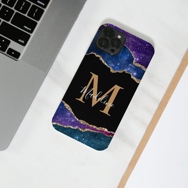 Stilvolle Galaxy Gold Agate Geode Monogram iPhone Hülle (Von Creator hochgeladen)