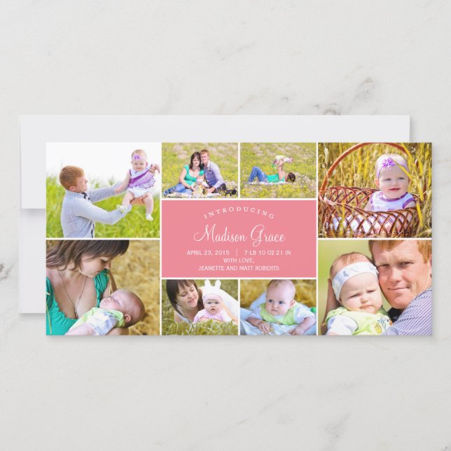 Stilvolle Geburtserklärung von Collage - Rosa Ankündigung (Vorderseite)