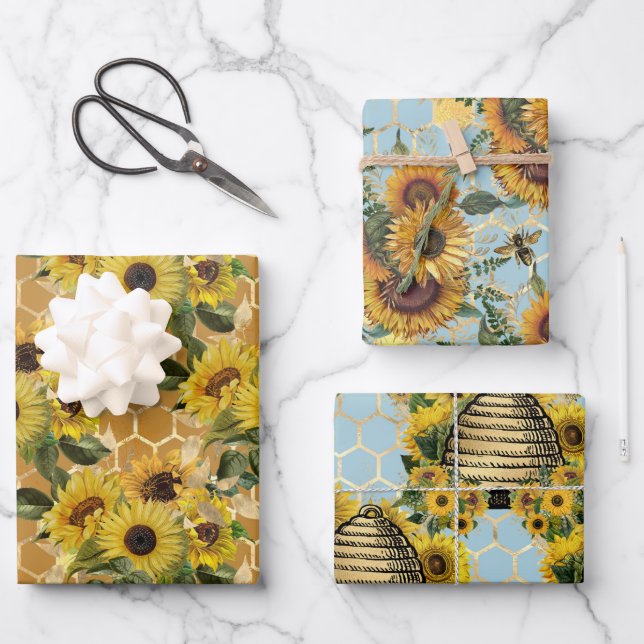 Stilvolle Gelbblüten Goldwabenrübe Aquamarin Geschenkpapier Set (Vorderseite)