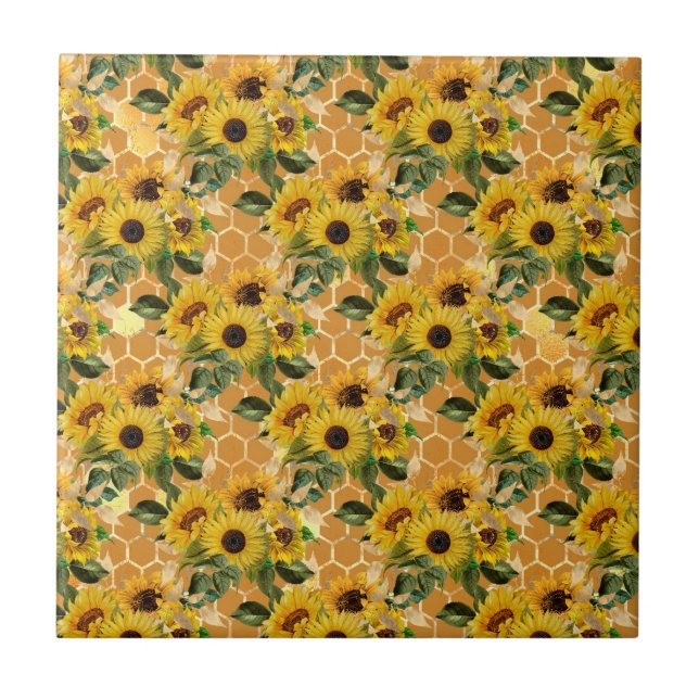 Stilvolle Gelbe Sonnenblumen Bouquet Honeycomb Fliese (Vorderseite)