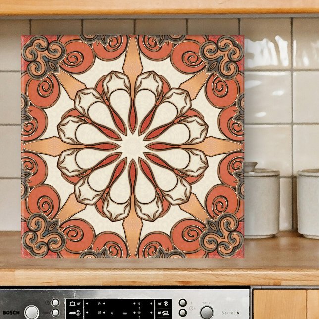 Stilvolle geometrische Keramik des Mittelmeers Fliese (Tile featuring an abstract geometric pattern in warm terracotta with earth tones and ivory)
