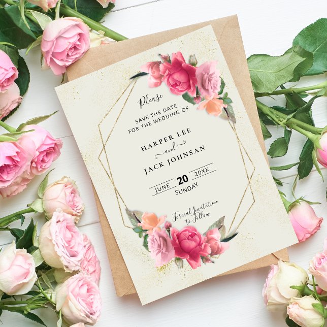 Stilvolle geometrische Rose in Rosa Save The Date (Stylish Geometric Blush Pink Floral Rose Save The Date)