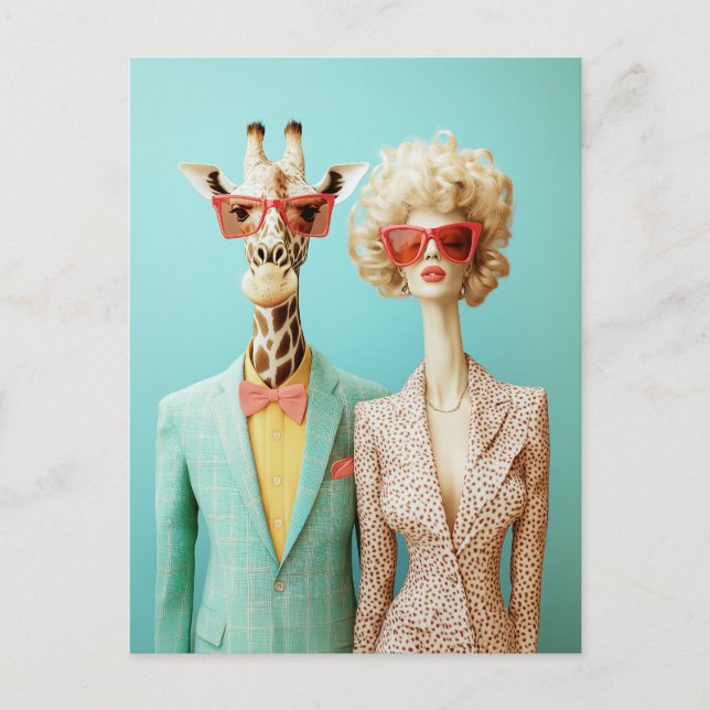 Stilvolle Giraffe und Frau Postkarte (Vorderseite)