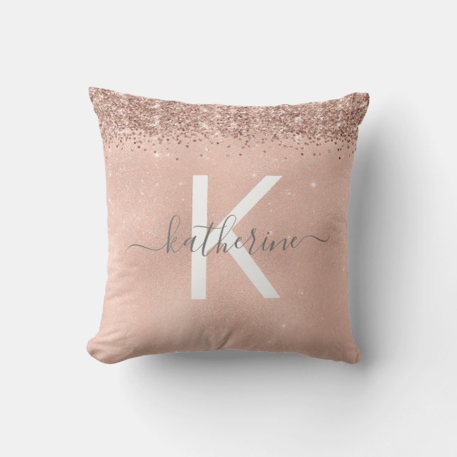 Stilvolle Girly Chic Rose Gold Glitzer Monogram Kissen (Vorderseite)