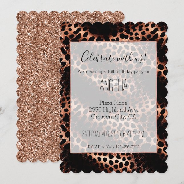 Stilvolle Girly Rose Gold Black Leopard Einladung (Vorne/Hinten)