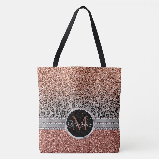 Stilvolle Girly Rose Gold Glitzer Leopard Monogram (Vorderseite)