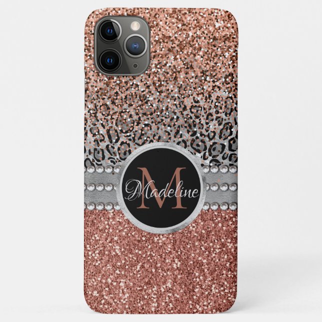 Stilvolle Girly Rose Gold Glitzer Leopard Monogram Case-Mate iPhone Hülle (Rückseite)