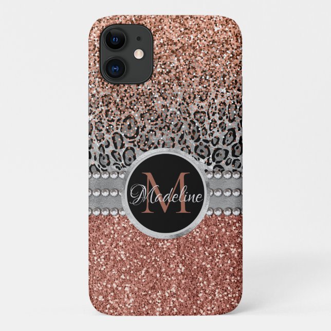 Stilvolle Girly Rose Gold Glitzer Leopard Monogram Case-Mate iPhone Hülle (Rückseite)