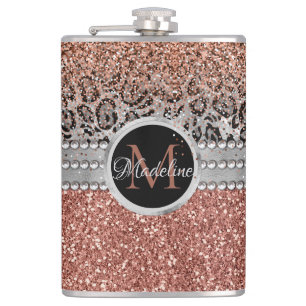 Stilvolle Girly Rose Gold Glitzer Leopard Monogram Flachmann