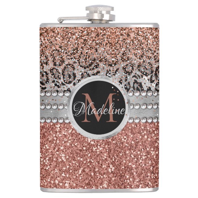 Stilvolle Girly Rose Gold Glitzer Leopard Monogram Flachmann (Vorderseite)