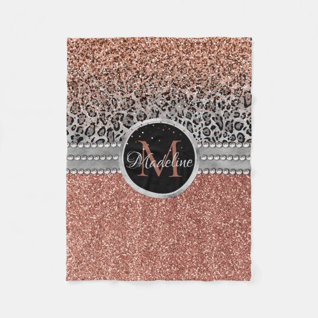 Stilvolle Girly Rose Gold Glitzer Leopard Monogram Fleecedecke (Vorderseite)