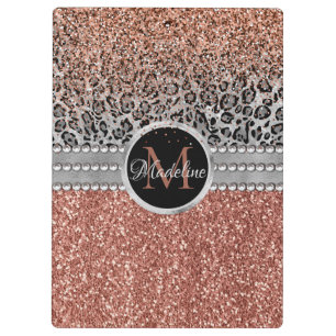 Stilvolle Girly Rose Gold Glitzer Leopard Monogram Klemmbrett