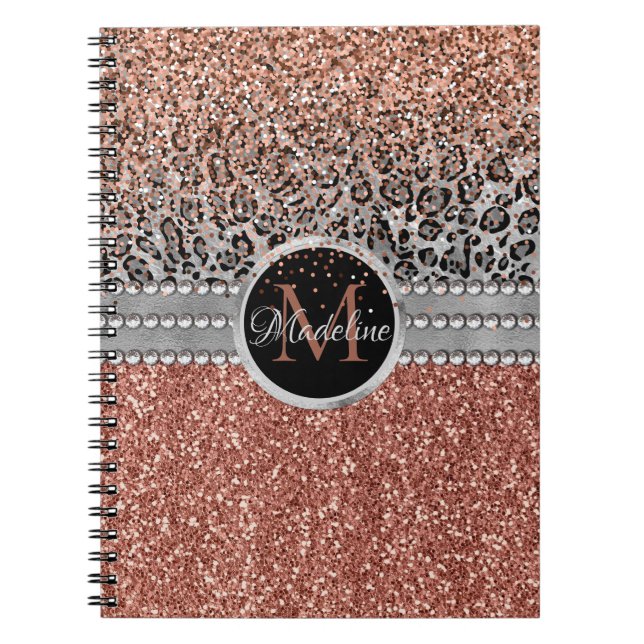Stilvolle Girly Rose Gold Glitzer Leopard Monogram Notizblock (Vorderseite)