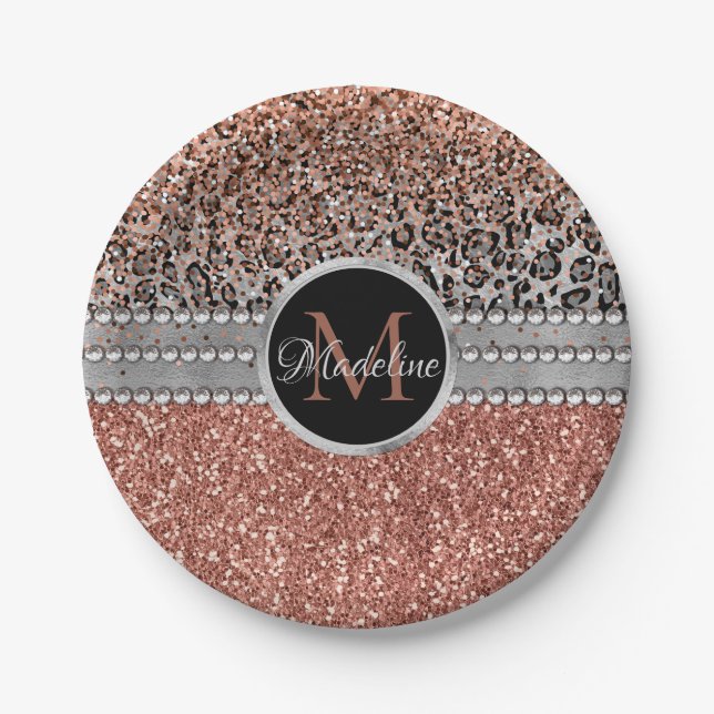 Stilvolle Girly Rose Gold Glitzer Leopard Monogram Pappteller (Vorderseite)