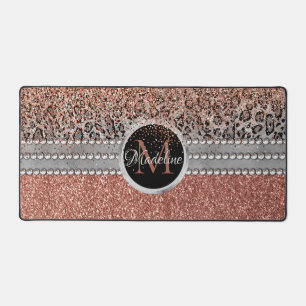 Stilvolle Girly Rose Gold Glitzer Leopard Monogram Schreibtischunterlage