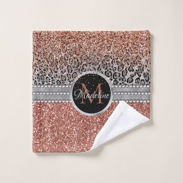 Stilvolle Girly Rose Gold Glitzer Leopard Monogram Waschlappen (Waschlappen)
