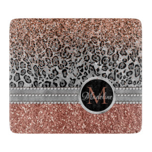 Stilvolle Girly Rose Gold Glitzer Leopard Name Schneidebrett