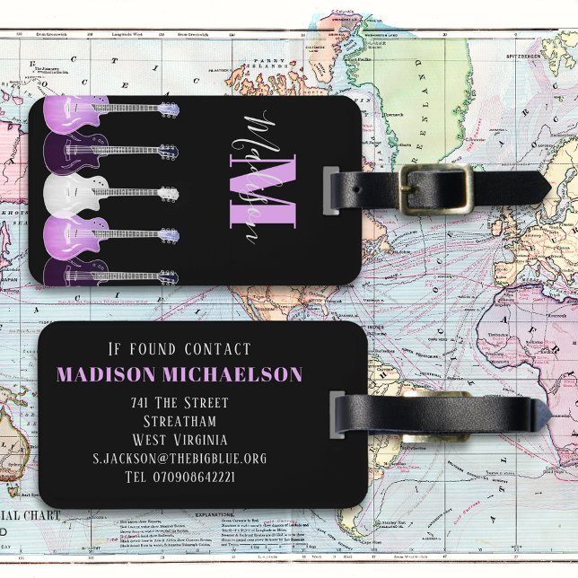 Stilvolle Gitarrenrosa und Schwarze Monogramm Gepäckanhänger (Stylish guitar pink and black monogram custom luggage tag for guitarists musicians and music lovers)