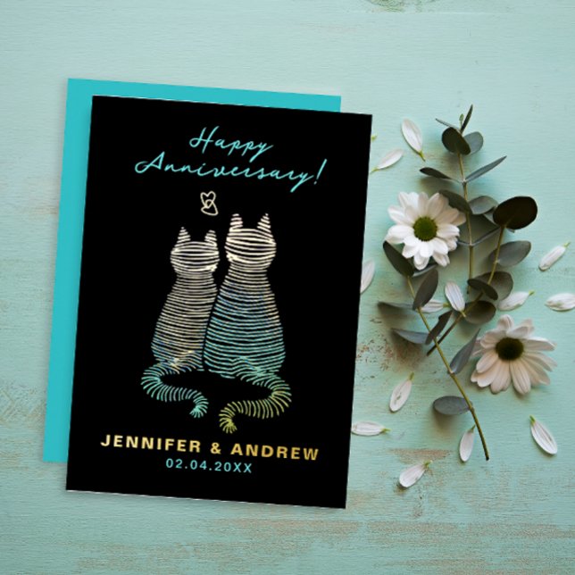 Stilvolle Glam Niedlich Jubiläum Gradient Blue Cat Folieneinladung (Von Creator hochgeladen)