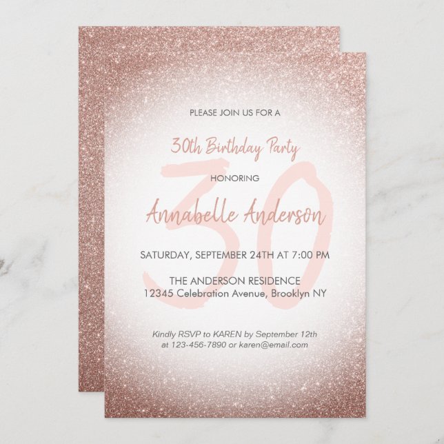 Stilvolle Glam Pink Rose Gold Sparkle 30. Geburtst Einladung (Vorne/Hinten)
