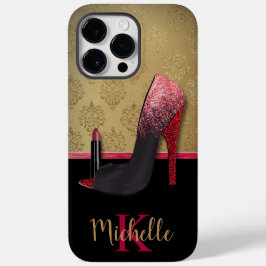 Stilvolle Glitzer-Ferse, Lipstick und Monogramm Case-Mate iPhone 14 Pro Max Hülle