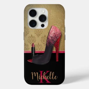 Stilvolle Glitzer-Ferse, Lipstick und Monogramm Case-Mate iPhone Hülle