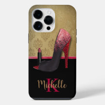 Stilvolle Glitzer-Ferse, Lipstick und Monogramm