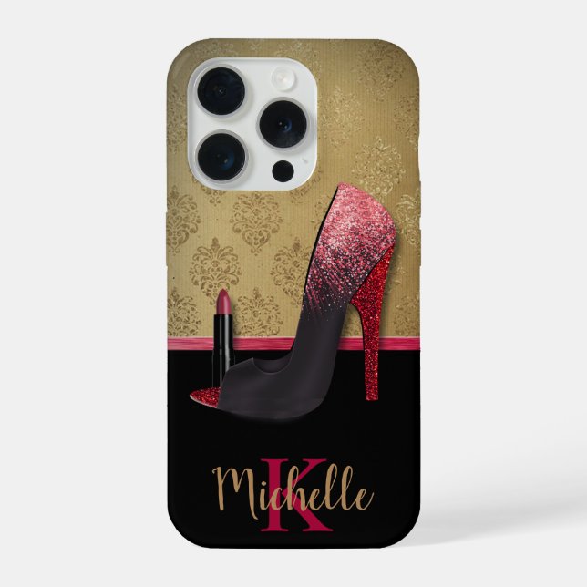 Stilvolle Glitzer-Ferse, Lipstick und Monogramm iPhone Hülle (Rückseite)