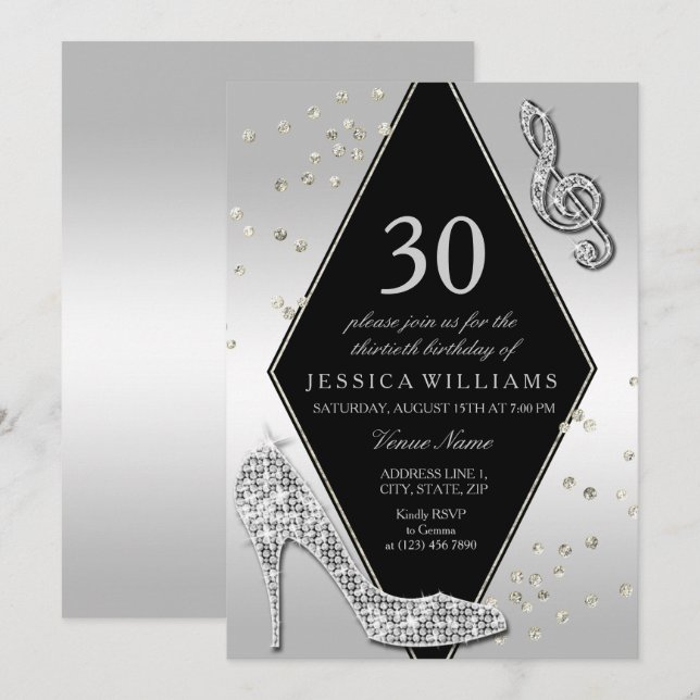 Stilvolle Glitzy Silver 30. Geburtstag Einladung (Vorne/Hinten)