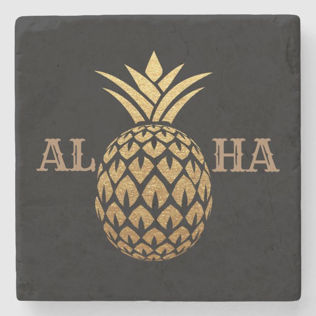 Stilvolle Gold Ananas Black Aloha Tropical Hawaii Steinuntersetzer (Vorderseite)
