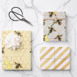 Stilvolle Gold Bees Honeycomb Honey Stripes Geschenkpapier Set