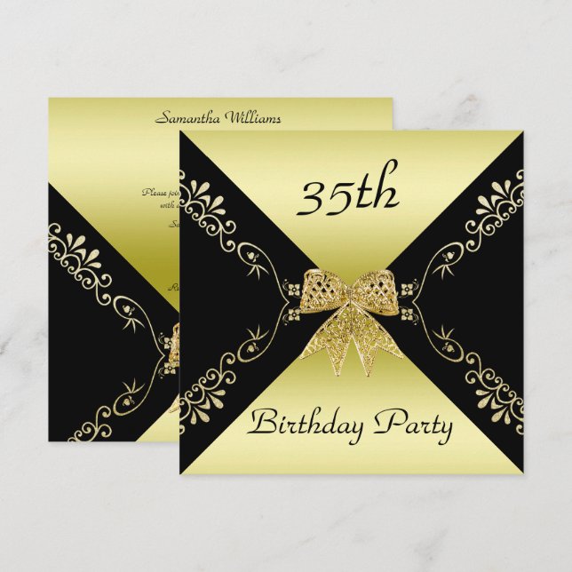 Stilvolle Gold & Black Decorative Bow 35. Geburtst Einladung (Vorne/Hinten)