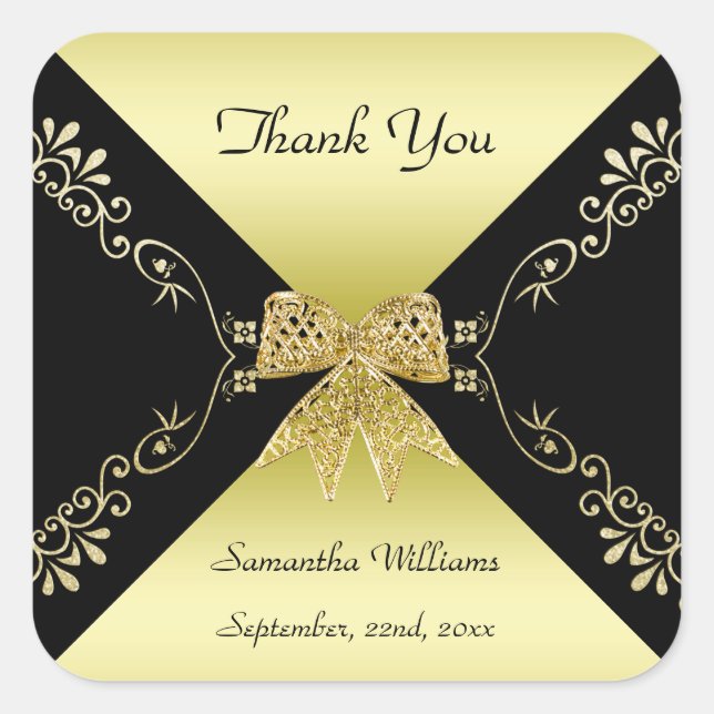 Stilvolle Gold & Black Decorative Bow Vielen Dank Quadratischer Aufkleber (Vorderseite)
