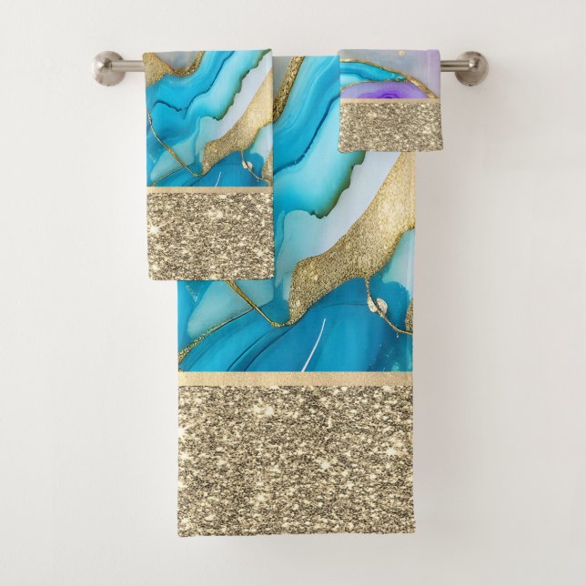 Stilvolle Gold, Blau, violetter Marmor Badhandtuch Set (Insitu)