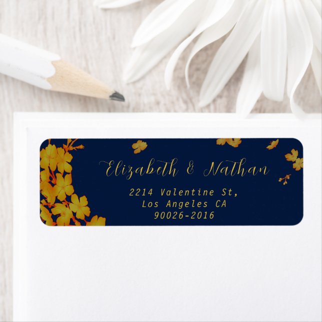 Stilvolle Gold Blume Navy Blue Rücksendeadresse (Insitu)