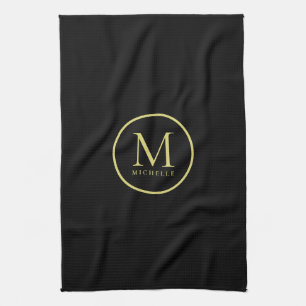 Stilvolle Gold Color Monogram Name Template Schwar Geschirrtuch