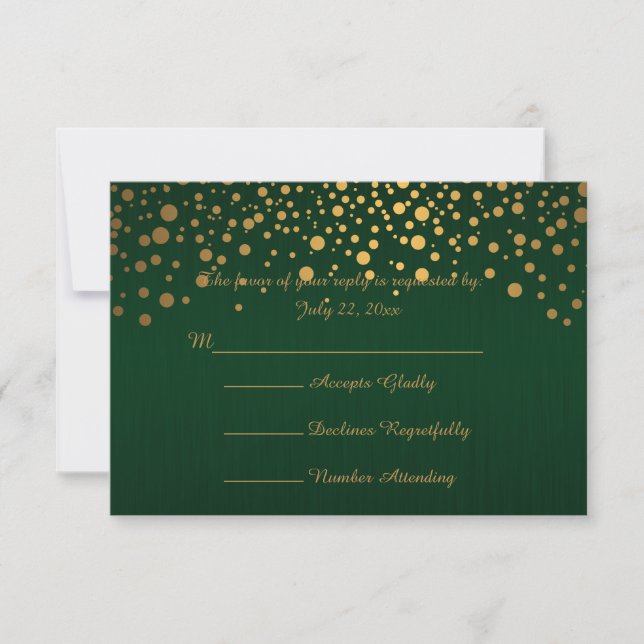 Stilvolle Gold Confetti Dots | Dunkelgrün RSVP Karte (Vorderseite)